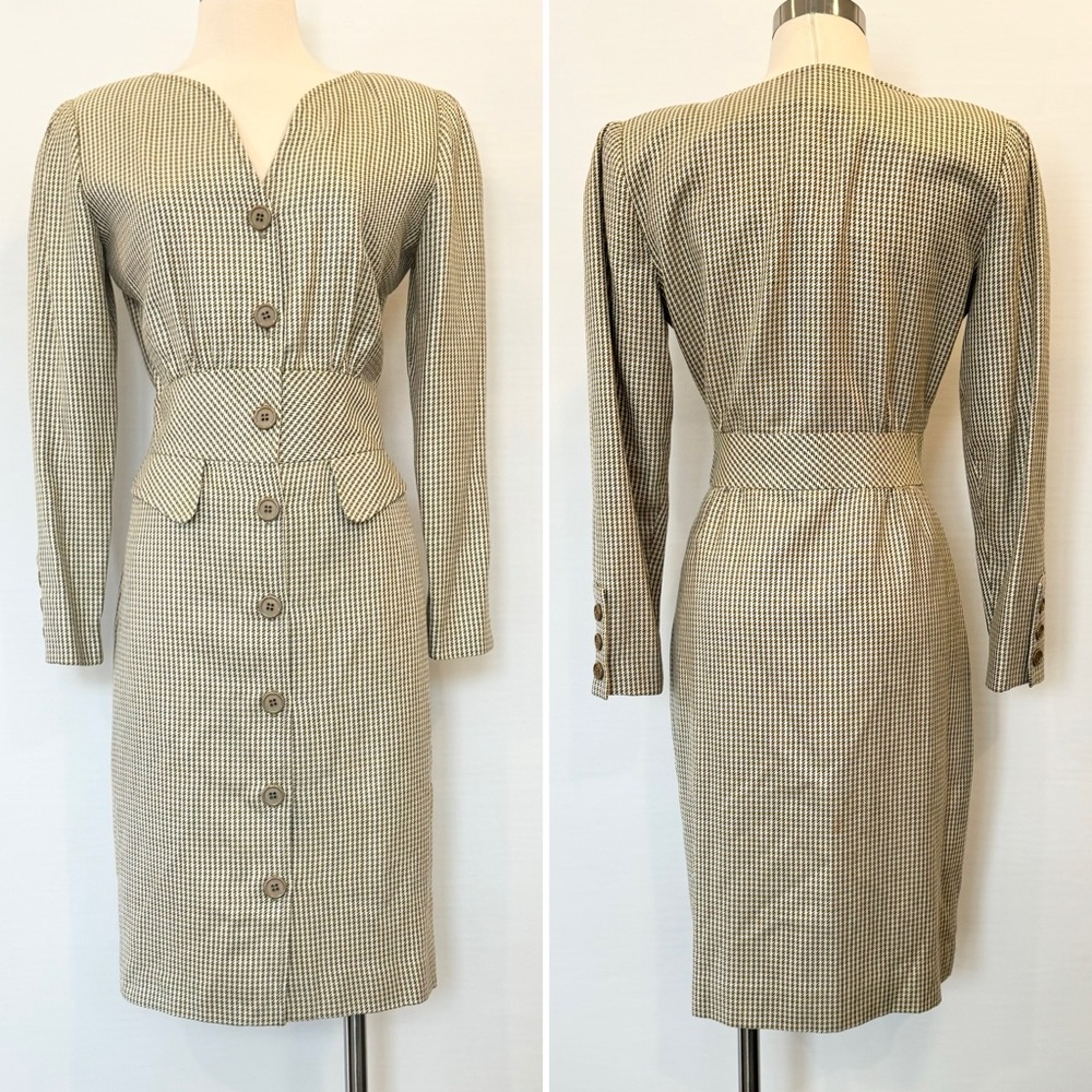 Bill Blass Beige Checkered Midi Dress